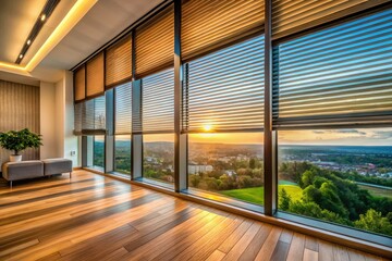 Fototapeta premium Drone footage reveals expansive smart solar blinds, digitally controlled for optimal home automation.