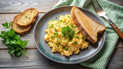 Plate of scrambled eggs with toast and parsley on top, scrambled eggs, toast, parsley, breakfast, meal, delicious, tasty, food