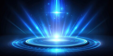 Spotlight shining blue light from bottom on holographic HUD circle on background, spotlight, holographic, HUD