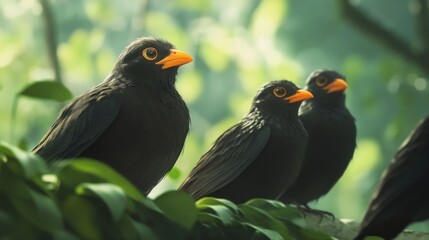 Fototapeta premium Three Black Birds with Orange Beaks in Lush Greenery