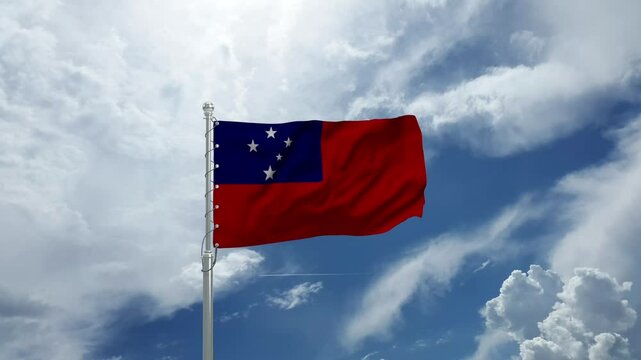 Samoa Flag Waving Majestically on a Flagpole Against a Clear Blue Sky in Gentle Wind