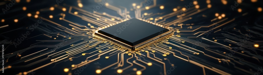 Aufkleber closeup of black microchip with intricate gold circuits, advanced technology and processing power