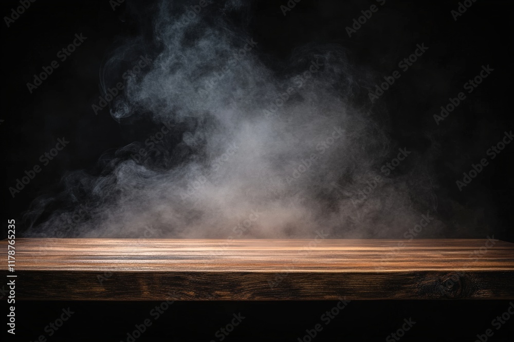 Poster empty wooden table with smoky effect on dark background, ideal for displaying products or creating a