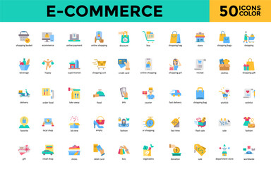 E-commerce icon set with shopping basket, e commerce, online payment, online shopping, discount, buy, shopping bag, store, shopping bags icon. Simple flat color vector 
