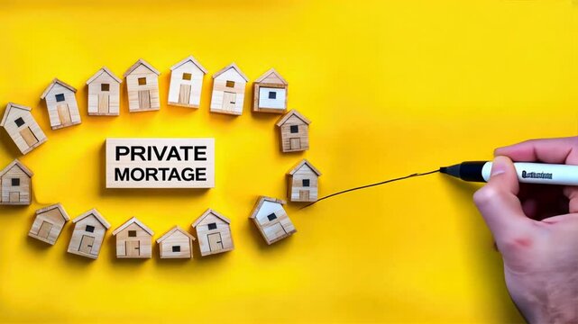 Wooden blocks spelling private mortgage surrounded by small wooden houses on a yellow background, symbolizing rising mortgage rates and interest rates in the housing market