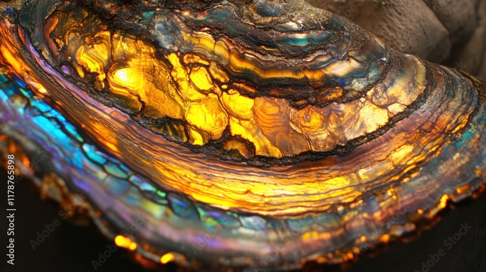 Poster close-up of iridescent abalone shell with vibrant colors and textures.