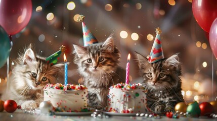 Cats in festive hats are sitting at a birthday cake with lighted candles, surrounded by colorful balloons on a festive background, celebrating their birthday.