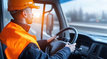 Man in highvisibility vest driving a heavyduty truck on construction site