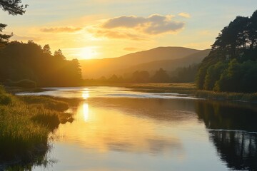 Obraz premium Serene sunset over tranquil river landscape captivating evening scene nature photography peaceful environment scenic viewpoint celebrating the beauty of sunset reflections