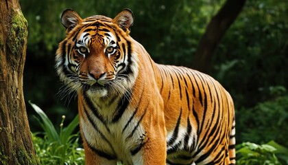 Majestic tiger in a lush forest setting.
