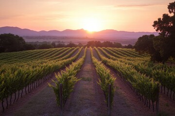 Fototapeta premium Serene sunset over a vineyard in california beautiful nature landscape tranquil evening atmosphere captured from a scenic viewpoint wine country bliss
