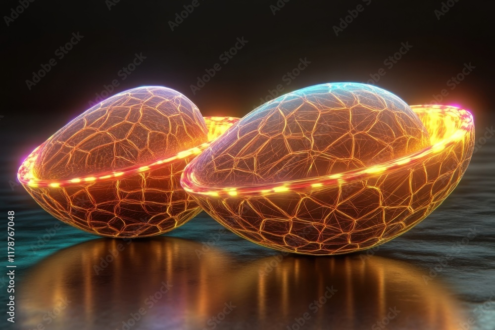 Poster intricate glowing orbs with a network pattern on a reflective surface at night