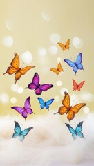 Colorful flying butterflies. Spring and summer insects above a soft white mist on bokeh background