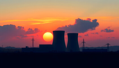 Nuclear power plant against sky at sunset, vector style, with white tones