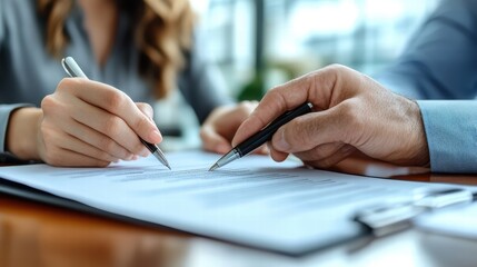 Fototapeta premium Businessman and Woman Collaborate on Contract Signing in Modern Office Setting with Pens Positioned Over Documents