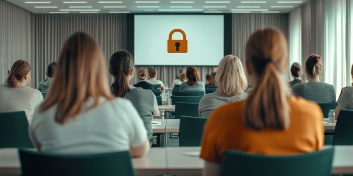 Cybersecurity awareness training session corporate office presentation modern environment audience perspective