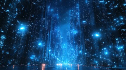 Obraz premium A futuristic cityscape illuminated by blue lights, creating a digital atmosphere.