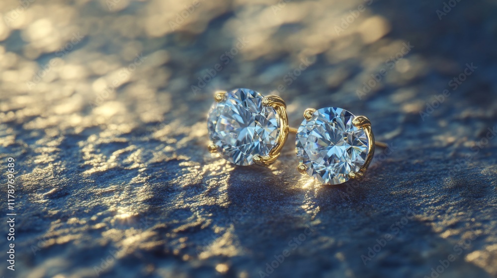 Poster A detailed macro view of a pair of classic diamond earrings resting on a textured surface, with soft shadows enhancing the depth and dimension