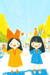 Joyful Girls Stroll Cheerfully Through Festive Street Illustration. AI Generated