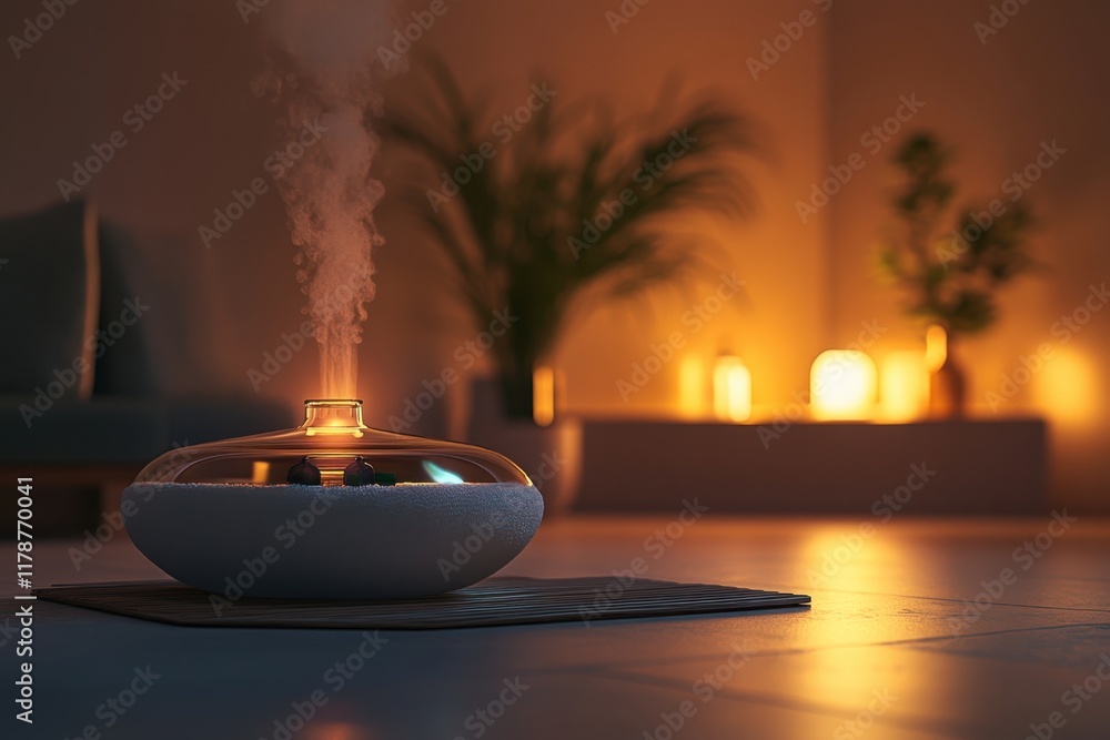 Poster aromatic diffuser creating a calming ambiance in a softly lit indoor space during evening hours
