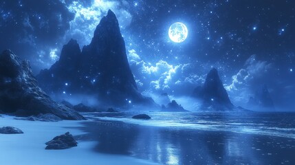 Serene moonlit beach scene with dramatic mountains and starry night sky.