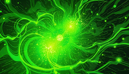 Abstract green energy field with swirling particles, comic art, with white tones