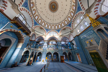 Interior of Rustem Pasa Mosque in Istanbul. Famous Rustem pasha mosque interior. Iznik blue tiles. Rustem Pasa Mosque most beautiful and classical