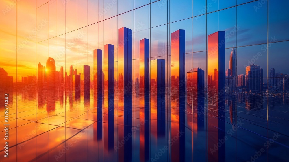 Poster a dynamic bar graph with tall, shiny bars in blue and orange, standing on a reflective grid, symboli