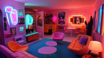 Retro Pop Art Living Room: Neon Lights and Vintage Chic