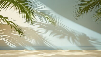 Serene Tropical Setting with Palm Shadows on Soft Blue Background