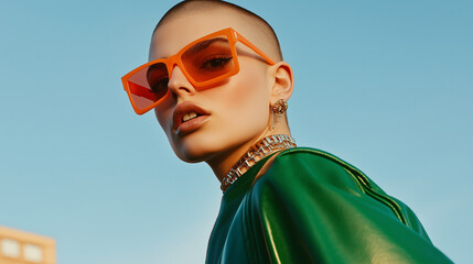 fashionista with a green leather jacket and orange sunglasses 