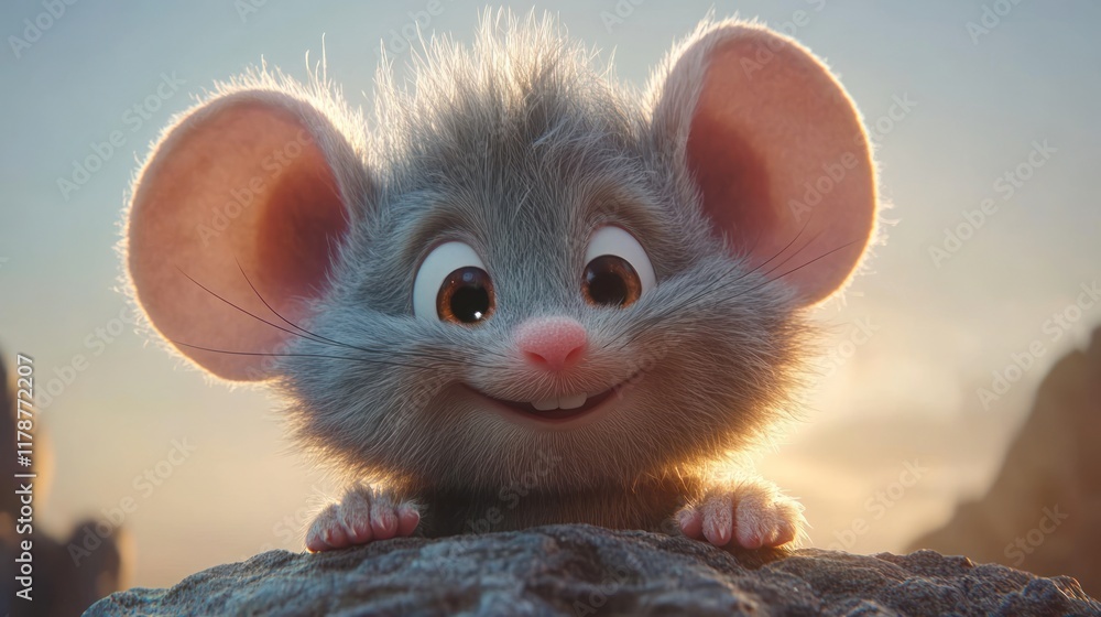 Poster a cute, fluffy mouse character with large ears and a cheerful expression.