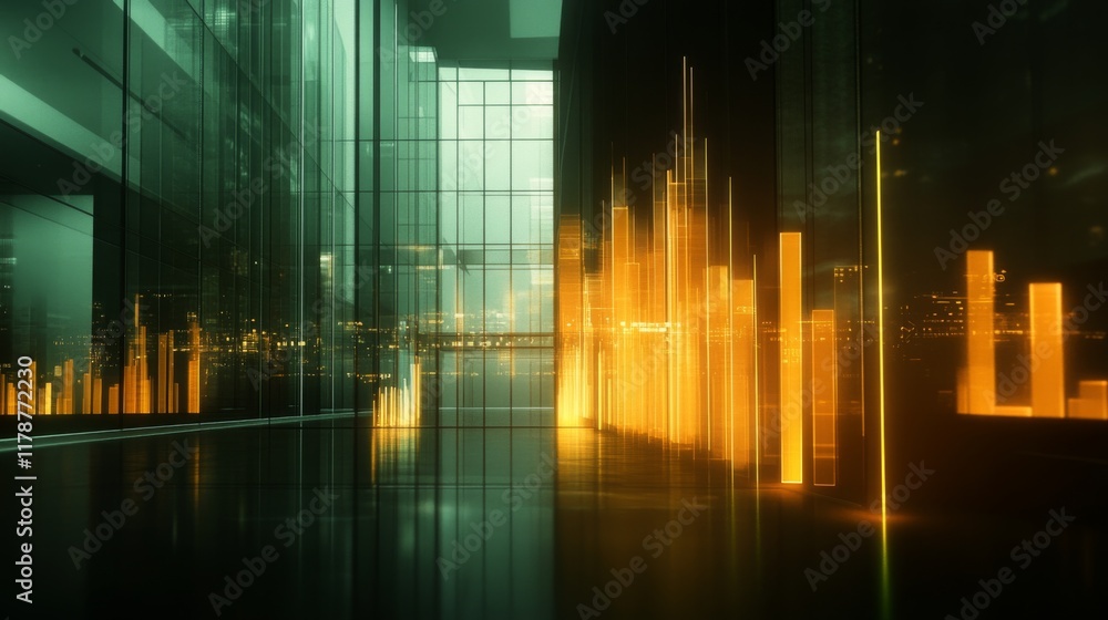 Poster A financial bar chart with translucent bars in ascending order, placed on a dark, sleek background with glowing data points floating around