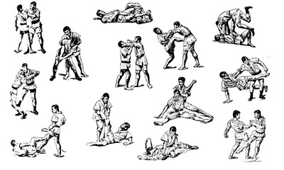 Martial Art Training Judo and Karate Moves and Techniques in Vintage Illustration Style