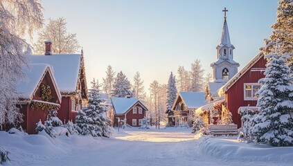 A picturesque winter scene of the charming town in Lapland, Finland