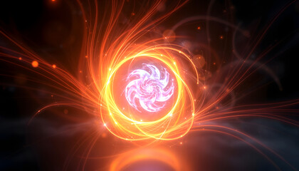 Warped circle fractal light trails. Glowing abstract plasma portal. Fantasy glowing plasma ball. Plasma energy background. Way to another universe, origami, with white tones