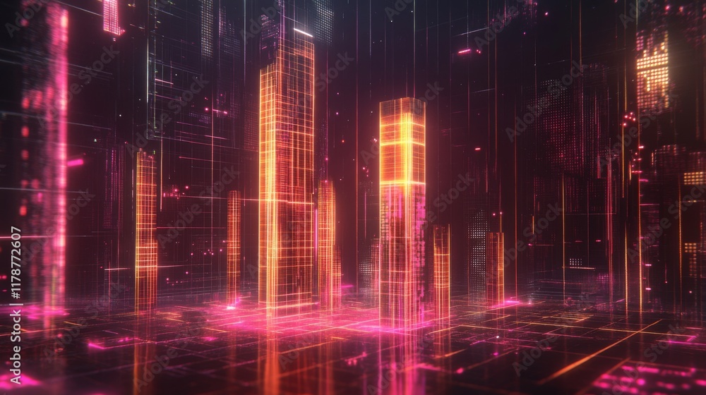 Poster a futuristic d bar chart with tall, glowing columns and an upward trending arrow, hovering over a da