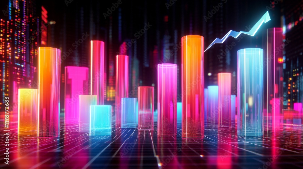Poster a futuristic d bar chart with tall, glowing columns and an upward trending arrow, hovering over a da