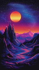 Obraz premium surreal landscape unfolds under a fiery sun. Jagged purple mountains and a mysterious citadel in otherworldly scene. Phone wallpaper.
