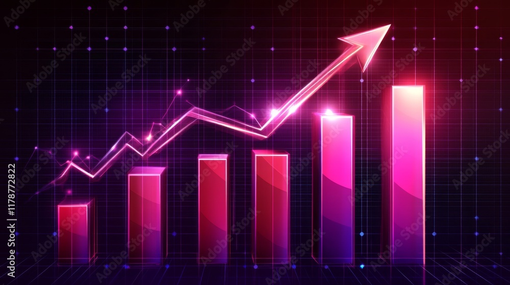 Poster a futuristic d bar chart with tall, glowing columns and an upward trending arrow, hovering over a da