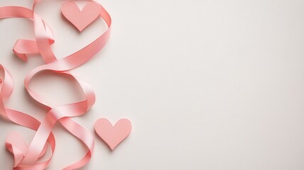 Valentine's Day background mock-up Concept. Pink ribbons and hearts on a light background create a romantic atmosphere.