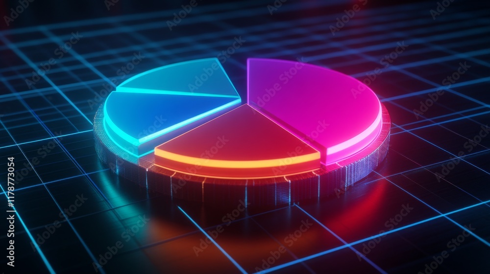Aufkleber a futuristic d pie chart with floating segments, each glowing with neon lights, set against a dark g