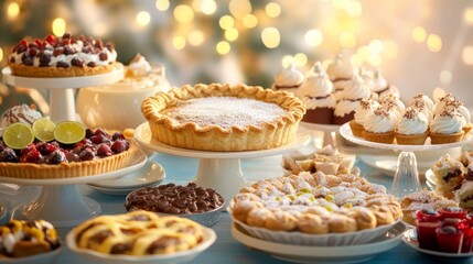 A festive table set with a variety of American desserts, including apple pie, key lime pie, and chocolate chip cookies, against a bright, cheerful backdrop