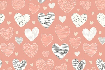Valentine's Day background mock-up Concept. Colorful heart pattern on a coral background, featuring various heart shapes and textures.