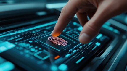 Fingerprint scanning process digital device technology modern office environment close-up view security concept