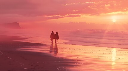 Fototapeta premium A romantic couple walking hand in hand on a beach during sunset, with soft waves gently touching their feet and a glowing pink-orange sky in the background