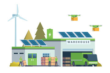 Warehouse Building with Green Sustainable Concept, Packed with Logistic Elements like Delivery Truck, Drones, and Electric Cars. Editable Vector Element on White Background