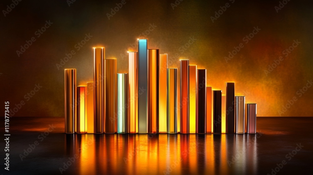 Fototapete A futuristic financial bar chart with glowing bars in metallic tones, displayed on a reflective surface with subtle digital elements in the background