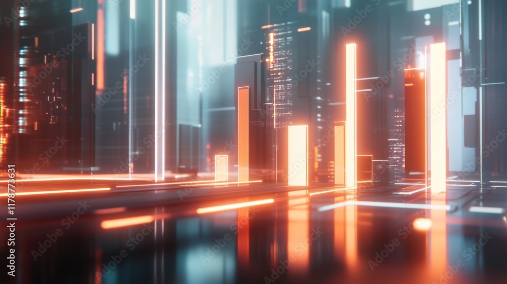 Aufkleber a futuristic financial bar chart with glowing bars in metallic tones, displayed on a reflective surf