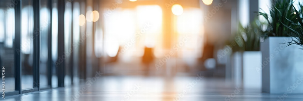 Poster abstract blurred interior of modern office space with soft lighting and greenery in pots, creating a